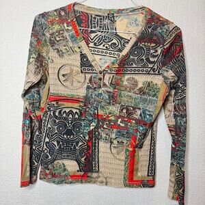 Vintage Silk Blend Graphic Print V-Neck Pullover Top Small